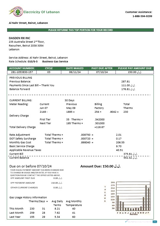 Lebanon Electricity of Lebanon business utility bill template in Word and PDF formats